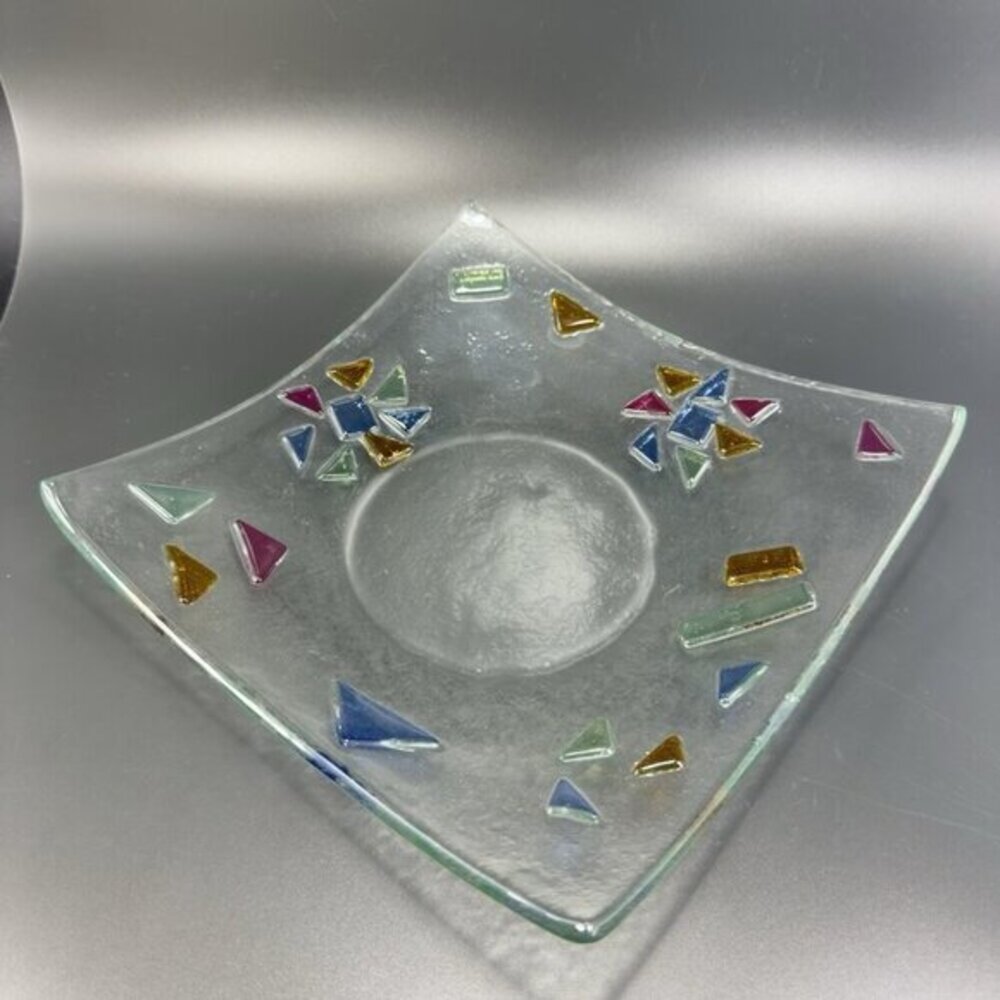 Fused Art Glass Dish Plate Square With Multicolor‎ Spots All Over Glass Dish